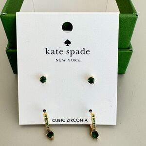 Kate Spade Designer Gold & Emerald Green Tiny Twinkles Earrings Set x 2 Pair NWT